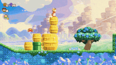 a video game shows a cartoon character standing on top of a stack of yellow blocks