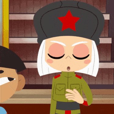 a cartoon character with a red star on her hat