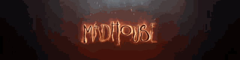 the word madhouse is written in flames against a dark background