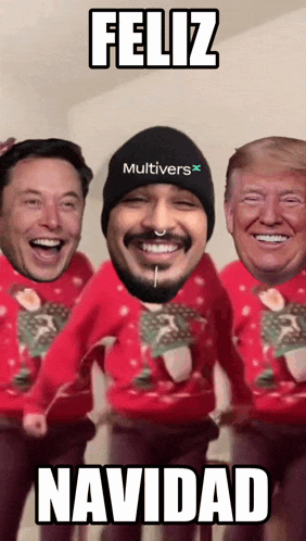 elon musk donald trump and a man with a beard wearing a hat that says multivers x