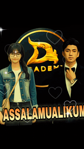 a man and a woman are standing next to each other in front of a sign that says ' assalamualaikum '