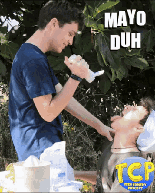 a poster for the tcp teen comedy project shows a man applying mayo to another man 's neck