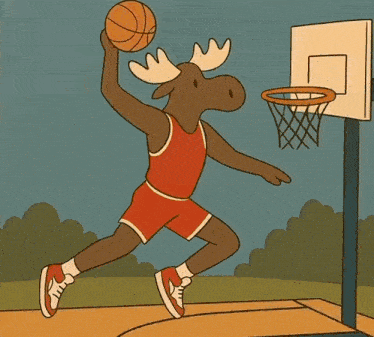 a basketball is going through a basketball hoop with a moose in the background