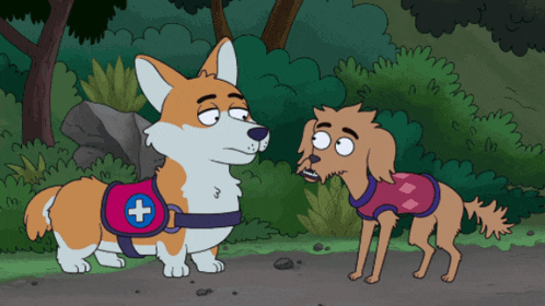 two cartoon dogs standing next to each other with one wearing a vest with a blue cross on it