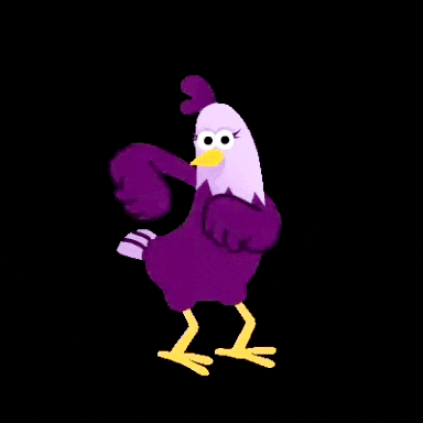 a purple chicken with a yellow beak is dancing .