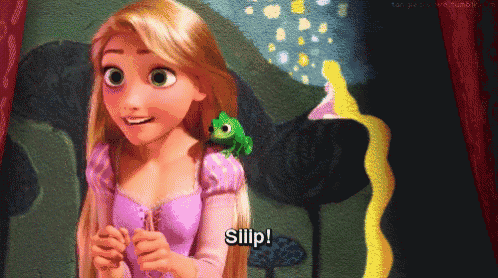 a cartoon of rapunzel with a green lizard on her shoulder