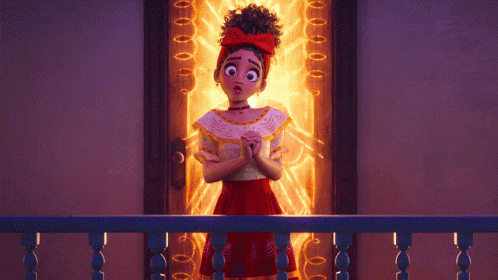 a cartoon girl is standing on a balcony in front of a door with a glowing light coming out of it .