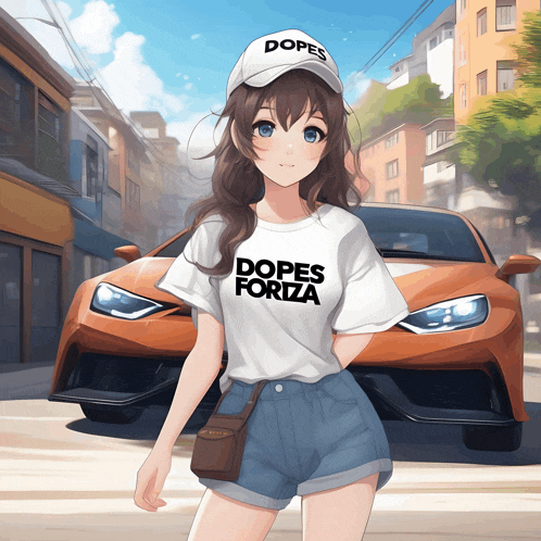 a girl wearing a dopes foriza t-shirt stands in front of a car