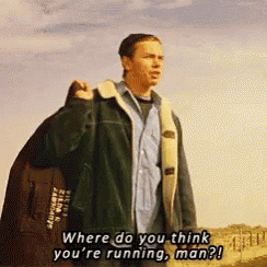 a man in a green jacket is carrying a bag and says where do you think you 're running man ?
