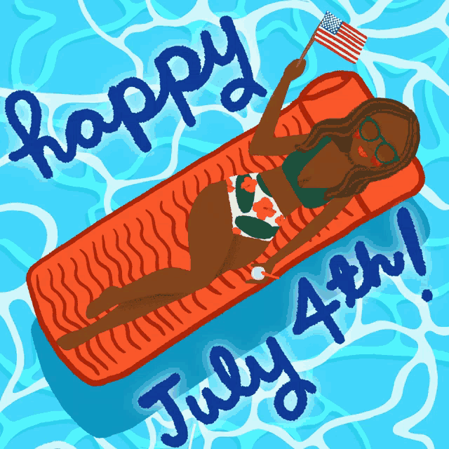 an illustration of a woman laying on a raft with the words happy july 4th below her