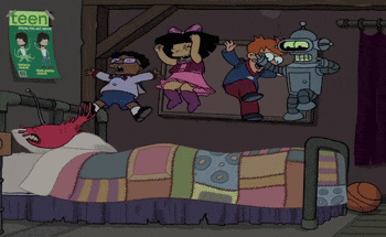 cartoon characters jumping on a bed with a teen magazine on the wall behind them