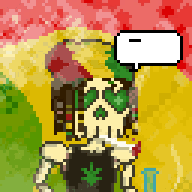 a pixel art drawing of a skeleton with a speech bubble that says " i "