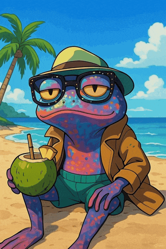 a frog wearing glasses and a hat sits on a beach holding a coconut drink