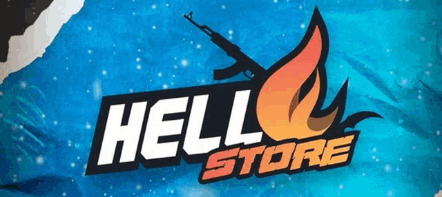 a hell store logo with a flame and a gun on a blue background