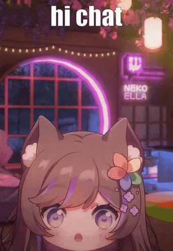 a picture of a girl with a flower in her hair and a sign that says neko ella