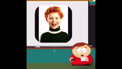 a cartoon of a boy with red hair standing in front of a white board with a picture of him on it