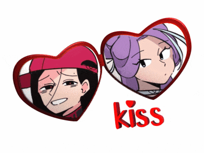 a couple of hearts with the word kiss in red