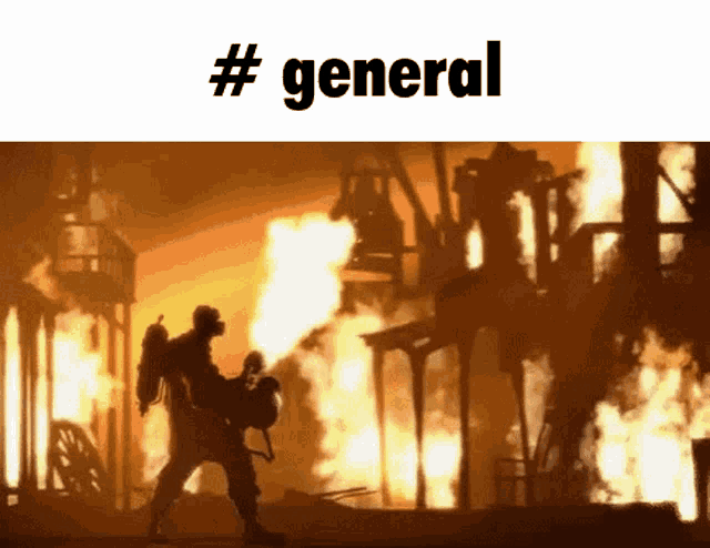 a man is walking in front of a burning building with the word general written on the bottom