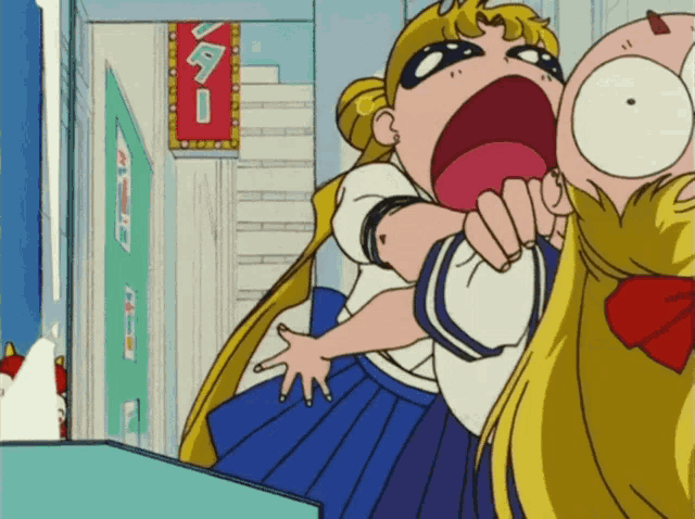 a cartoon drawing of a girl holding another girl in front of a sign that says ' a ' on it