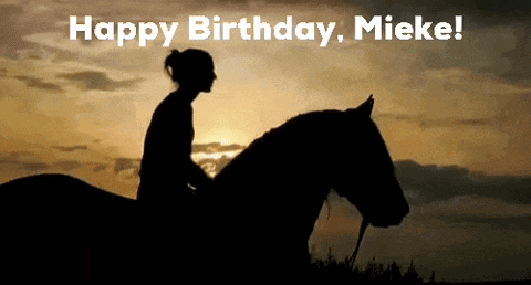 a silhouette of a woman riding a horse with the words happy birthday mieke above her