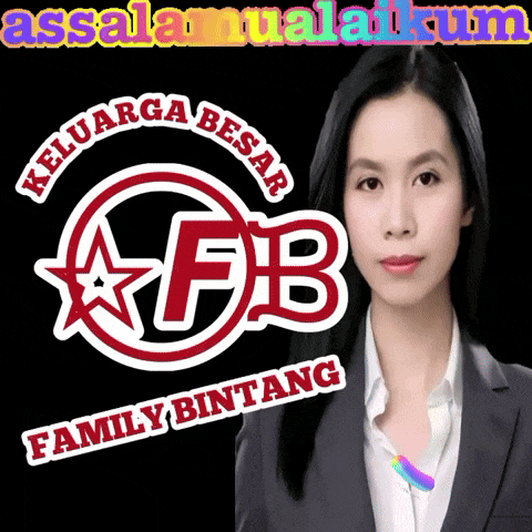 a woman is standing in front of a logo that says keluarga besar fb family bintang