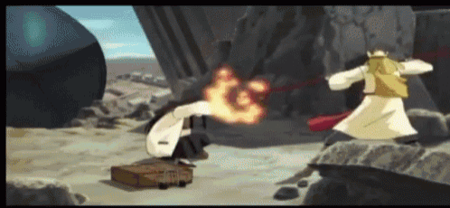 a cartoon character is standing next to a suitcase that is on fire