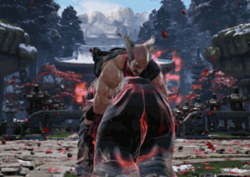 a video game scene with two fighters fighting each other with mountains in the background