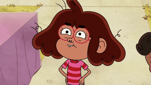 a cartoon girl wearing glasses and a striped shirt stands on a sidewalk