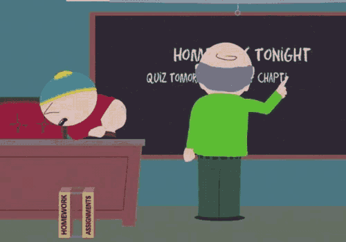 a cartoon character standing in front of a blackboard that says horny tonight quiz tomorrow of chapter