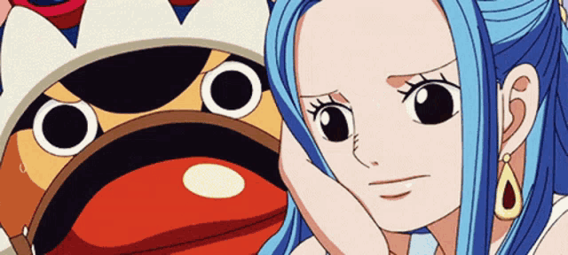 a girl with blue hair and earrings stands next to a monster