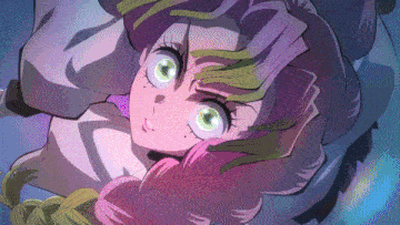 a pink haired anime character with green eyes