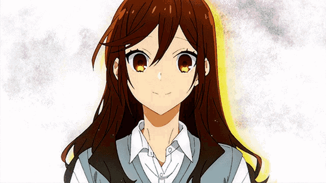 a girl with long brown hair and yellow eyes is wearing a white shirt and gray vest .
