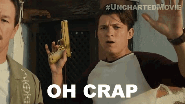a man holding a gun with the words oh crap written on it