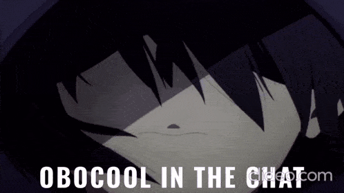 a close up of a person 's face with the words ' obocool in the chat ' on the bottom .