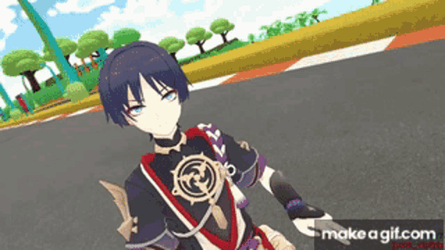 a cartoon character is standing on a road with make a gif.com in the bottom left corner