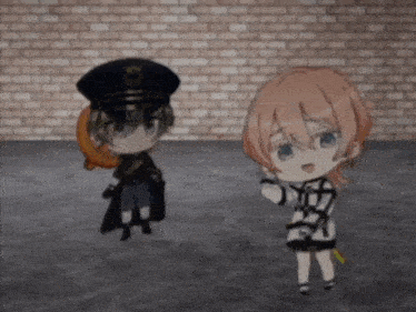 two anime characters standing next to each other in front of a brick wall .