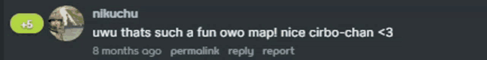 a screenshot of a reply from nikuchu that says uwu thats such a fun owo mapi nice cibo-chan < 3