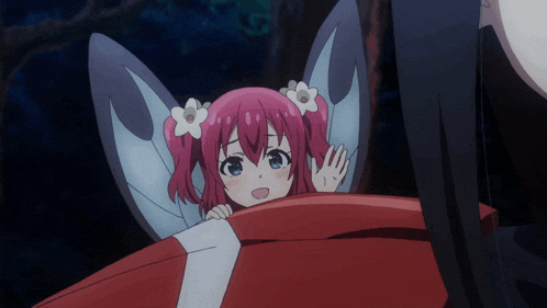 a girl with pink hair and white flowers on her ears