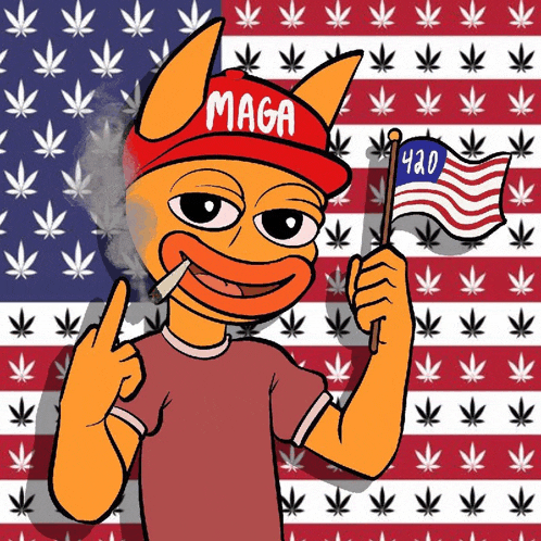a cartoon cat wearing a maga hat smoking a cigarette and holding an american flag