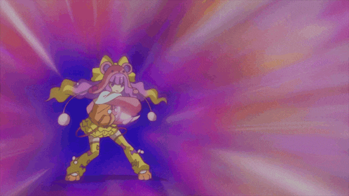 a cartoon character with pink hair and a yellow bow