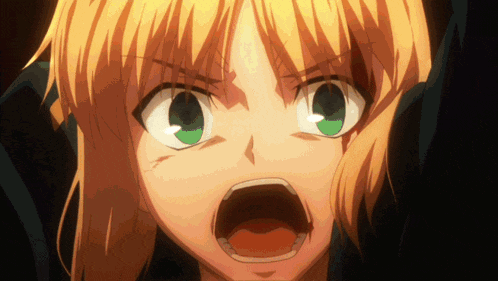 a girl with blonde hair and green eyes is screaming with her mouth wide open