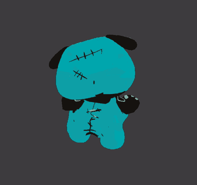 a cartoon drawing of a blue stuffed animal with a cross on its face