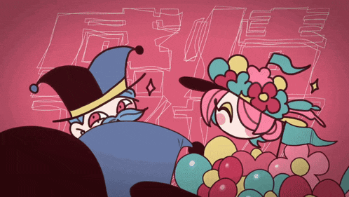 a drawing of a clown and a girl with balloons
