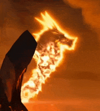 a cartoon dragon is surrounded by flames coming out of its tail .