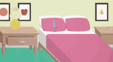 a cartoon character is standing on a bed with the word bob on it