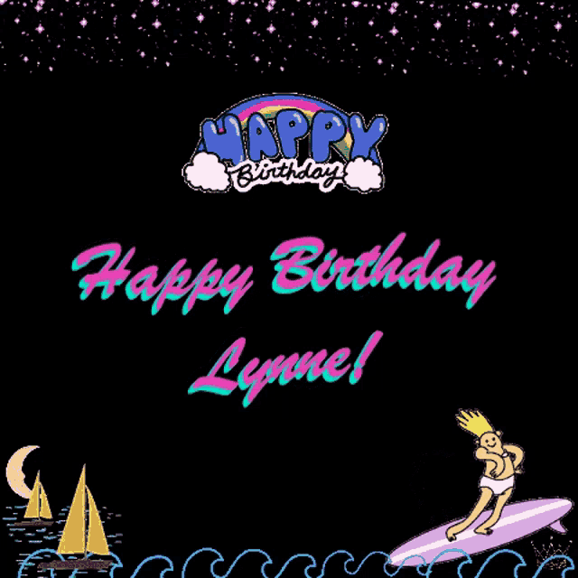 a happy birthday lynne greeting card with a cartoon girl on a surfboard