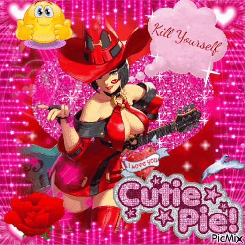 a picture of a girl playing a guitar with the words kill yourself cutie pie
