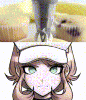 a close up of a person 's face next to a picture of cupcakes being frosted .