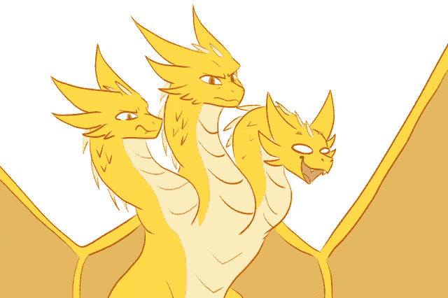 a drawing of a yellow dragon with three heads and wings