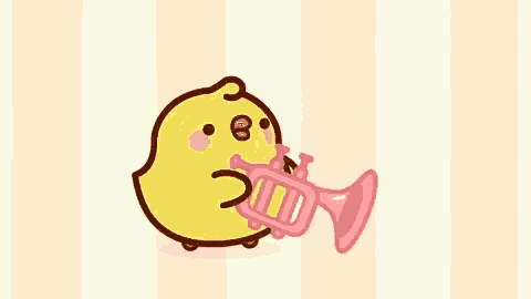 a cartoon chicken is playing a pink trumpet on a striped background .